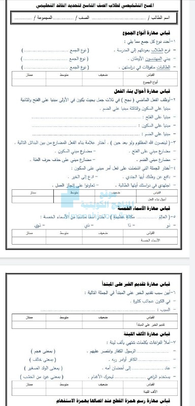 المسح التشخيصي لتحديد الفاقد التعليمي, الصف التاسع, لغة عربية 