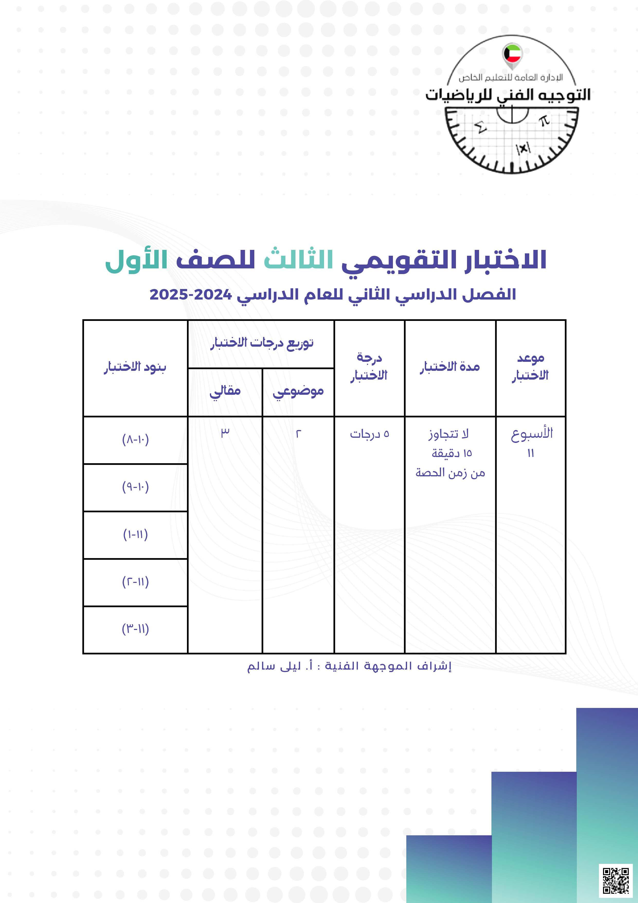 جدول امتحانات منطقة الجهراء التعليمية لنهاية الفترة الثانية للمرحلة المتوسطة - رياضيات - الصف الصف الأول - الفصل الفصل