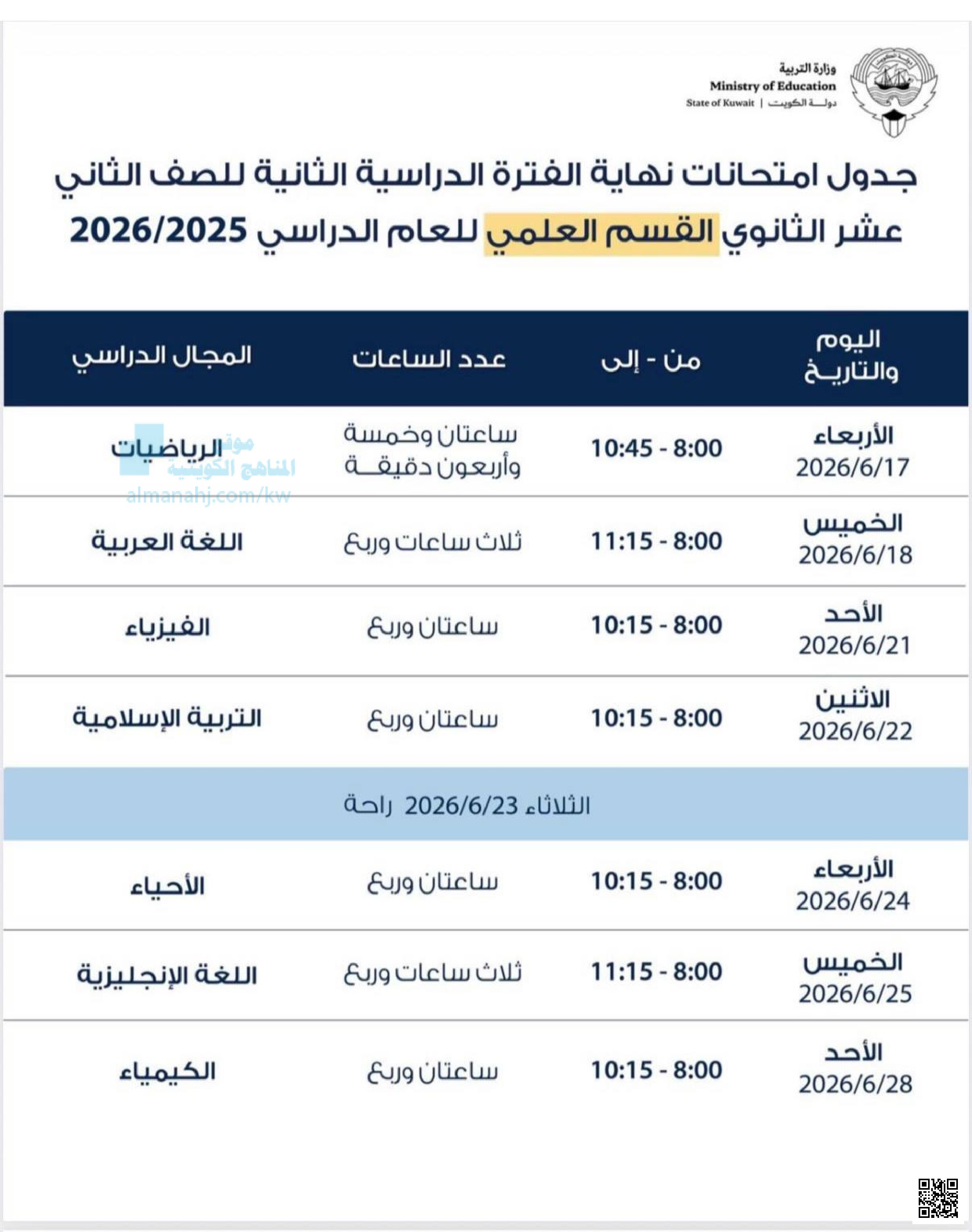 جدول امتحانات نهاية الفترة الدراسية الثانية للصف الثاني عشر للعام الدراسي 2026/2025 - التربية - الصف الثاني عشر العلمي - الفصل الثاني