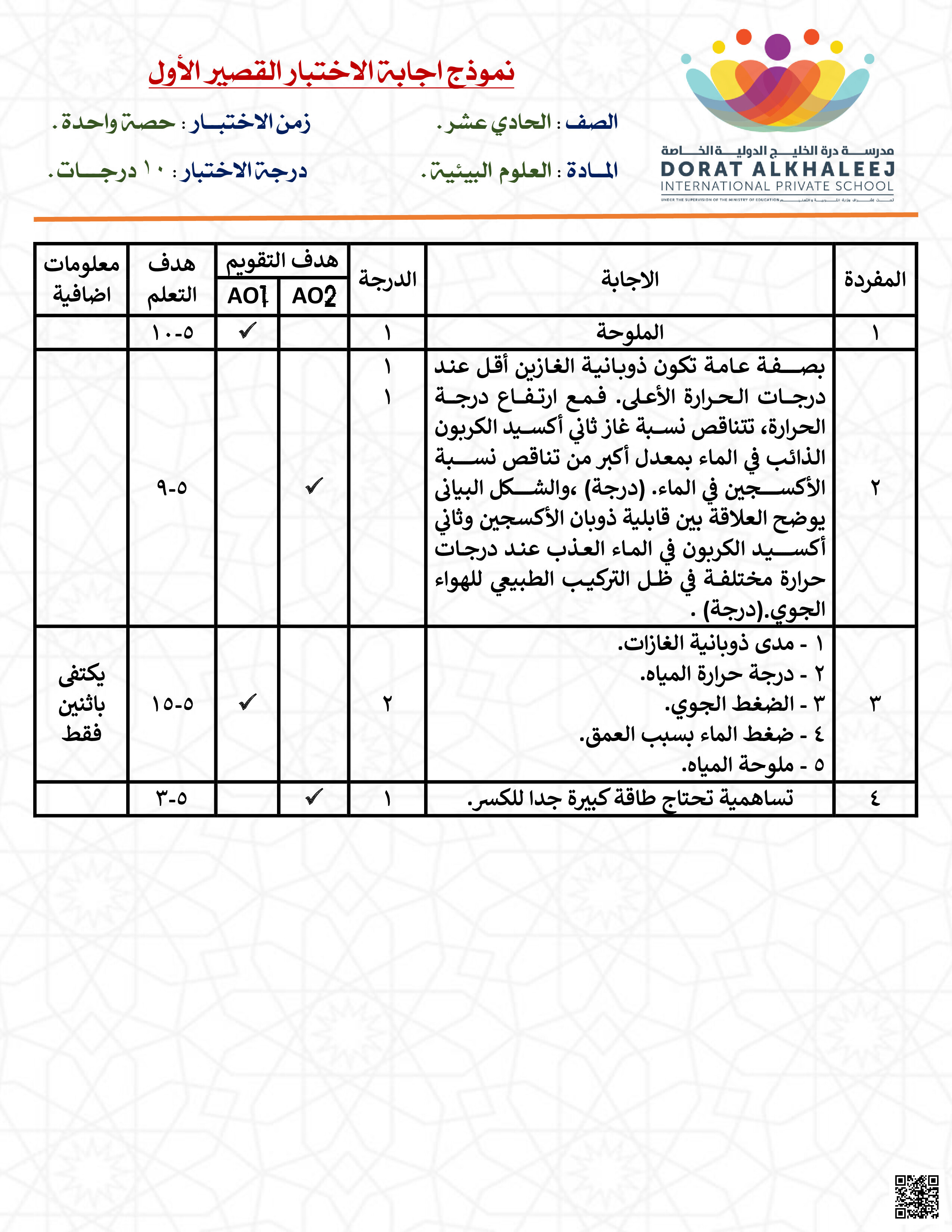 نموذج إجابة الاختبار القصير الأول - علوم بيئية - الصف الصف الحادي عشر - الفصل الفصل الثاني