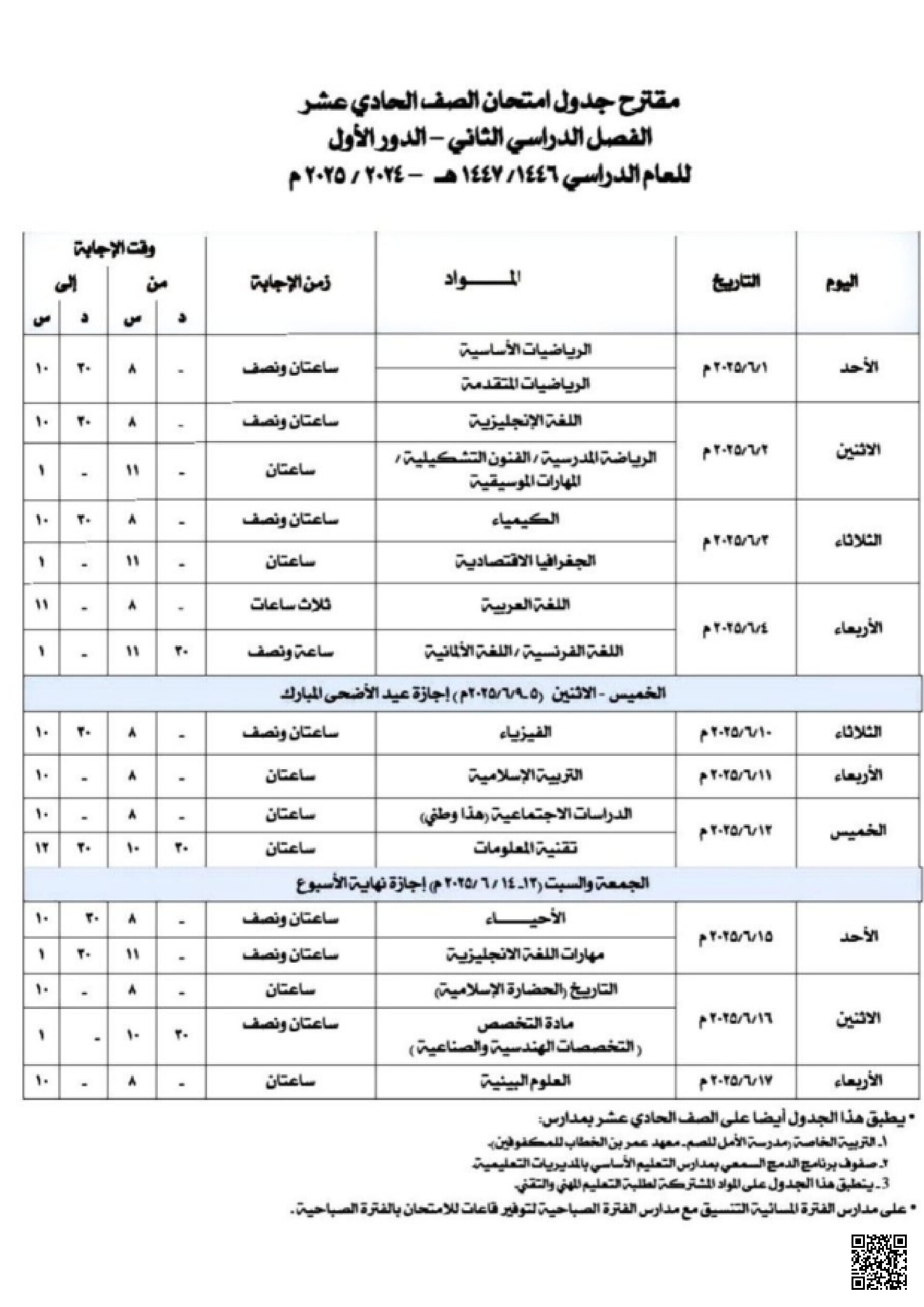 جدول مقترح امتحان الصف الحادي عشر الفصل الثاني الدور الأول للفترتين الصباحية والمسائية - الامتحانات - الصف الصف الحادي عشر - الفصل الفصل الثاني