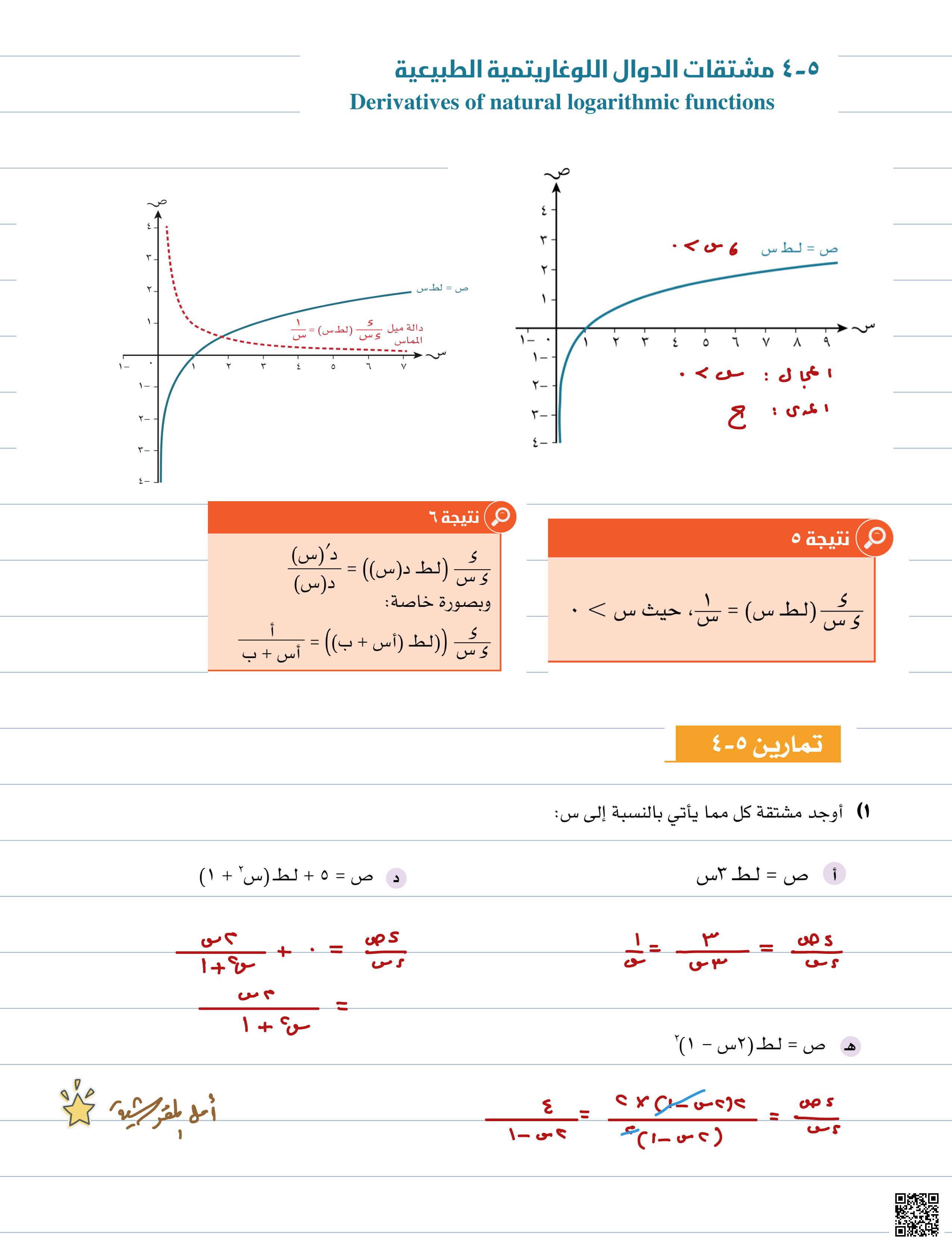 تمارين محلولة على درس مشتقات الدوال اللوغاريتمية - رياضيات متقدمة - الصف الصف الثاني عشر - الفصل الفصل الثاني