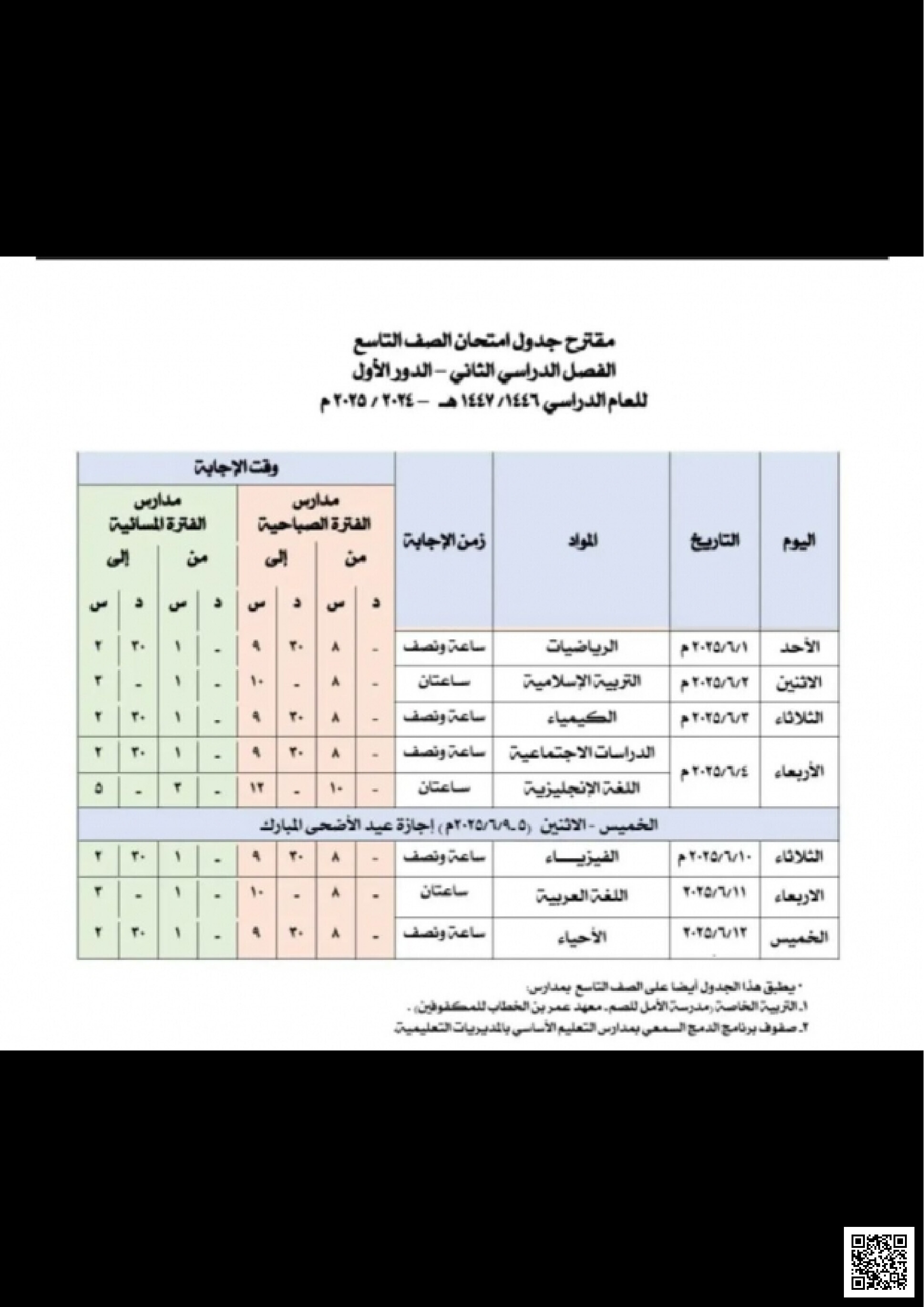 جدول مقترح امتحان الصف التاسع الفصل الثاني الدور الأول للفترتين الصباحية والمسائية - الامتحانات - الصف الصف التاسع - الفصل الفصل الثاني